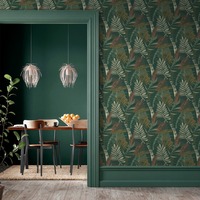 Sarika Leaves Wallpaper Green/Orange Belgravia Decor 1603