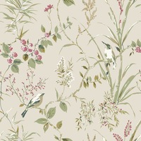 Mariko Bird Floral Wallpaper Natural / Pink Crown M1855